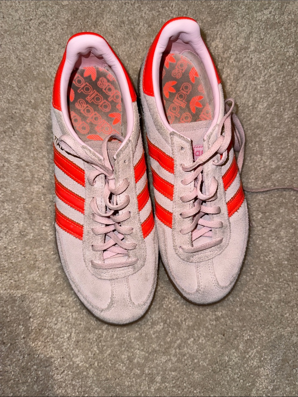 adidas Women’s Light Pink Suede Sneakers with Bright Coral Stripes